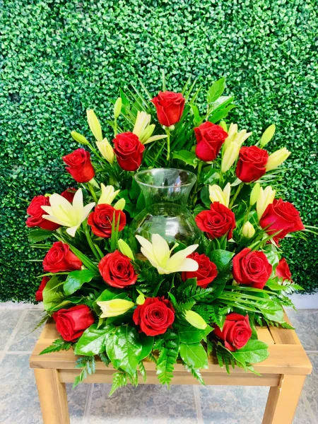 Rose and Lily Cremation Arrangement — Alabaster Florist