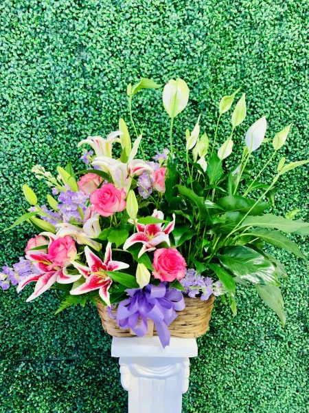Small Peace Lily with Rose and Lily Arrangement — Alabaster Florist